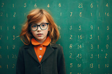 A Young Girl Wearing Glasses Standing In Front Of A Green Chalkboard Created With Generative AI Technology