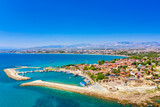 Fototapeta Uliczki - Aerial top drone view of ancient Side town, Antalya Province in Turkey