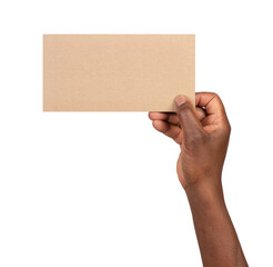 	
Man holding a blank rectangular piece of brown paper isolated on white or transparent background