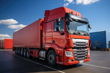 Containers yard with container truck on a blue sky background, symbolizing global business logistics and cargo transportation. Generative Ai, Ai.