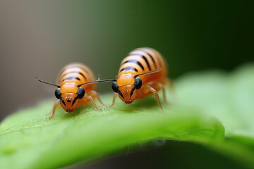 Wall Mural - Illustration of two insects perched on a vibrant green leaf