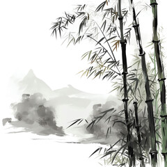Poster - Inkscapes of Serenity: Hand-drawn Bamboo and Mountains Embrace the Essence of Zen and Nature