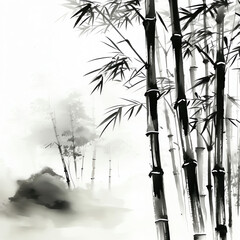 Poster - Generative AI Inkscapes of Serenity: Hand-drawn Bamboo and Mountains Embrace the Essence of Zen and Nature