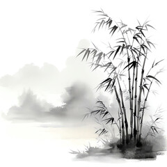 Poster - Inkscapes of Serenity: Hand-drawn Bamboo and Mountains Embrace the Essence of Zen and Nature