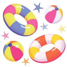 Colorful Pool Inflatable Rings And Beach Ball