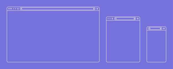 Fototapete - Blank web browser, internet page window with toolbar and search field. Modern website in flat style, line art. Browser mockup for computer, tablet and smartphone. Vector illustration