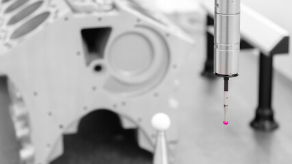 Poster - Quality control on milling CNC machine, coordinate measuring machine, Quality control machine. cylinder block of diesel engine repair.