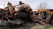 Car Graveyard, War Destruction, Mortar Shelling. Result Of Russian Aggression, Burnt-out Cars Were Common Sight In City.
