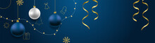 Merry Christmas And Happy New Year Vector Banner. Realistic Rose Gold And Blue Baubles, Snowflakes Hanging On Dark Blue Background With Realistic Garland And Confetti. Background Gold Christmas Icon