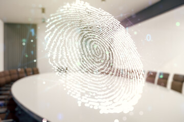 Aufkleber - Multi exposure of virtual graphic fingerprint sketch on a modern furnished classroom background, fingerprint scan data concept