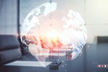 Poster - multi exposure of abstract creative digital world map hologram on a modern conference room backgroun