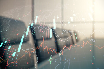 Poster - Multi exposure of virtual abstract financial chart hologram and world map on a modern meeting room background, research and analytics concept