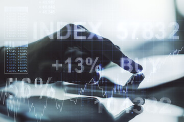 Poster - Multi exposure of abstract financial graph and hand working with a digital tablet on background, financial and trading concept