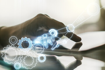 Aufkleber - Creative abstract robotics technology sketch and hand working with a digital tablet on background, future technology and AI concept. Double exposure