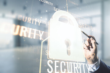 Poster - Man hand with pen draws virtual creative lock symbol and microcircuit illustration on blurred office background. Protection and firewall concept. Multiexposure