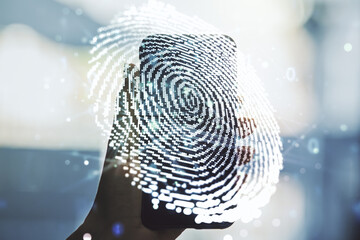 Aufkleber - Multi exposure of abstract creative fingerprint illustration and hand with phone on background, digital access concept
