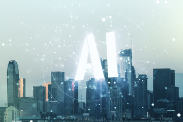 Poster - Abstract virtual artificial Intelligence symbol hologram on Los Angeles skyline background. Multiexposure