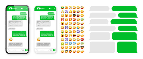 Smartphone messaging app, user interface design with emoji. SMS text frame. Chat screen with green message bubbles. Texting app for communication. Social media application. Vector illustration
