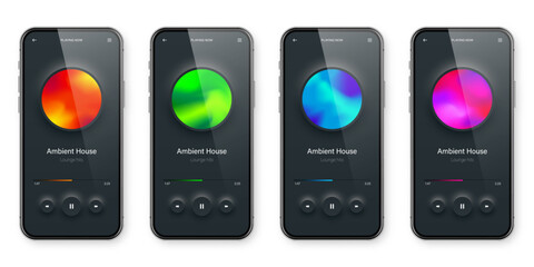 Wall Mural - Online audio player user interface, smartphone app UI design. Music, media streaming and listening platform. Responsive mobile application. Neumorphism, neumorphic style. Vector illustration.