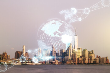 Aufkleber - Abstract virtual robotics technology sketch with globe on Manhattan office buildings background, future technology and AI concept. Double exposure