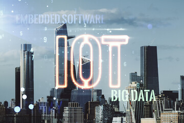Poster - Abstract virtual IOT hologram on New York city skyline background. Multiexposure