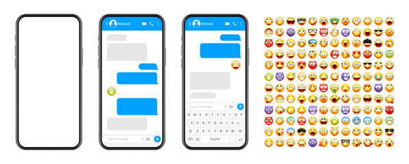 Smartphone messaging app, user interface design with emoji. SMS text frame. Chat screen with blue message bubbles. Texting app for communication. Social media application. Vector illustration