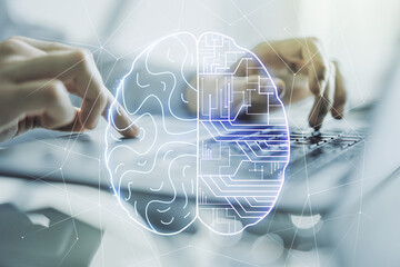 Poster - Double exposure of creative human brain microcircuit with hand typing on computer keyboard on background. Future technology and AI concept