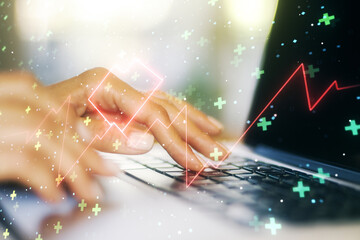 Poster - Creative abstract heart rate sketch and hands typing on computer keyboard on background, Medicine and healthcare concept. Multiexposure