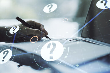 Aufkleber - Creative concept of question mark illustration and hand writing in notebook on background with laptop. FAQ and search concept. Multiexposure