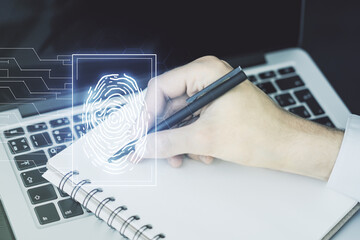 Aufkleber - Multi exposure of abstract creative fingerprint illustration with hand writing in notebook on background with laptop, digital access concept