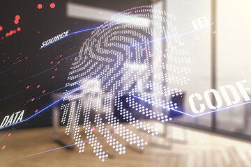 Aufkleber - Double exposure of abstract creative fingerprint hologram and modern desk with computer on background, protection of personal information concept
