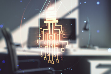 Aufkleber - Creative idea concept with light bulb and microcircuit illustration and modern desktop with computer on background. Neural networks and machine learning concept. Multiexposure