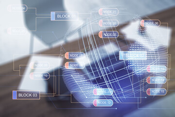 Poster - Multi exposure of abstract creative coding sketch with world map and modern desktop with computer on background, artificial intelligence and neural networks concept