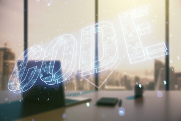 Aufkleber - Creative Code word hologram and modern desktop with laptop on background, artificial intelligence and neural networks concept. Multiexposure