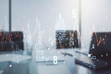 Aufkleber - Multi exposure of abstract creative financial chart and modern desktop with laptop on background, research and analytics concept
