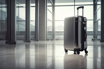 gray suitcase sitting on the floor in an airport, sense of anticipation and travel. ready to depart on a journey or after arriving at a new destination