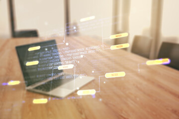 Aufkleber - Multi exposure of abstract graphic coding sketch on modern computer background, big data and networking concept