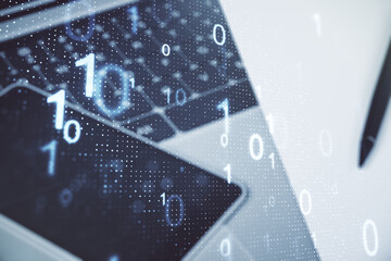 Aufkleber - Double exposure of creative abstract binary code hologram on laptop background. Database and programming concept