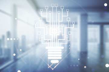 Aufkleber - Virtual creative light bulb illustration with microcircuit on empty room interior background, future technology concept. Multiexposure