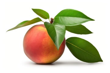 Poster - ripe peach with green leaves on a white background