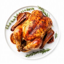 Roasted Chicken On Isolated White Background Top View