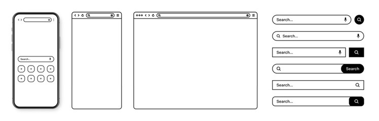 Fototapete - Smartphone, web browser, internet page window with toolbar and search bar, field. Modern website in flat style, line art. Blank browser mockup for computer, tablet and smartphone. Vector illustration