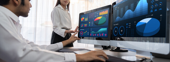 Poster - analyst working on data analysis or bi dashboard on computer monitor. business team analyzing financ