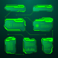 Green futuristic HUD, UI elements. Sci-fi user interface text boxes, callouts. Warning message frames, information boxes template. Modern game interface layout in digital style. Vector illustration