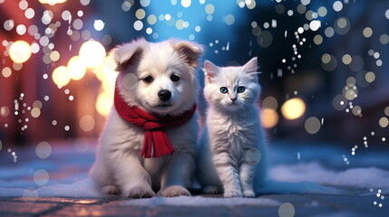 Wall Mural -   adorable Kitty Cat And Puppy dog on snowy Christmas City evening  street festive winter holiday Background ,generated ai