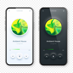 Wall Mural - Online audio player user interface, smartphone app UI design. Music, media streaming and listening platform. Responsive mobile application. Neumorphism, neumorphic style. Vector illustration.