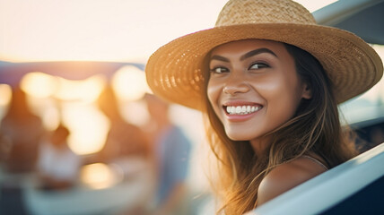 Wall Mural - beautiful close-up, face of a young adult multiracial woman at the sea or balcony at the beach, fictional  location