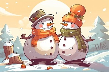 Sticker - two snowmen standing together in a snowy landscape. Generative AI