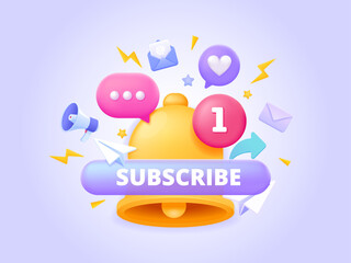 Subscribe email newsletter, social network and channel.  Bell notification, like button and speech bubble message. 3d icon for landing page. Three dimensional vector illustration for website, banner.