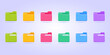 Three dimensional vector icon collection of green, pink, blue, purple and yellow computer file folder with paper document and empty file folder. 3d vector illustration for application.